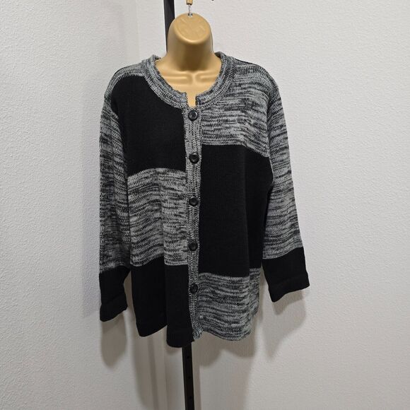 Cardigan Sweater Womens Large Petite Black Gray Colorblock Patch Lagenlook Knit - Picture 5 of 7